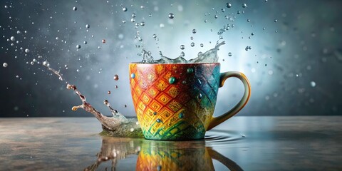 Aerial Photography: Embossed Mug, Glowing Particles, Water Splash, Eco-Friendly Design