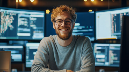 smiling man with curly hair and glasses sits in front of multiple computer screens, showcasing tech savvy environment. His cheerful demeanor reflects confidence and expertise in programming