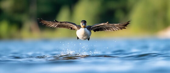 Bird landing lake water nature