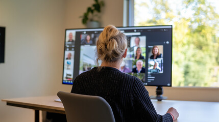 A professional woman engaged in a video conference with her team