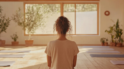 woman practices yoga in serene studio, surrounded by plants and natural light. peaceful atmosphere promotes relaxation and mindfulness