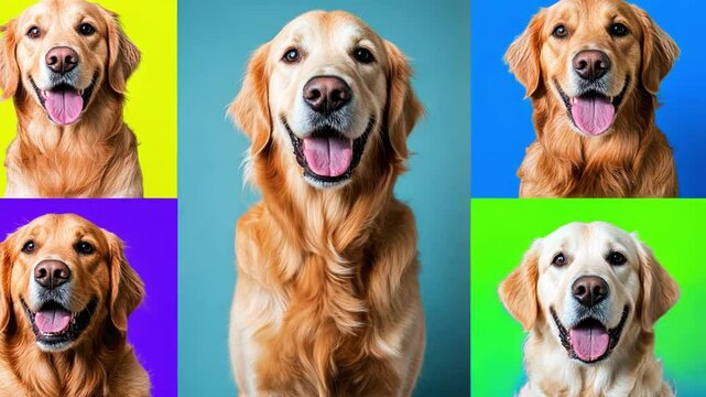 Golden Retriever Array: A captivating display of multiple Golden Retrievers each posed with a unique, vibrant background, showcasing the breed's inherent charm and loving nature.