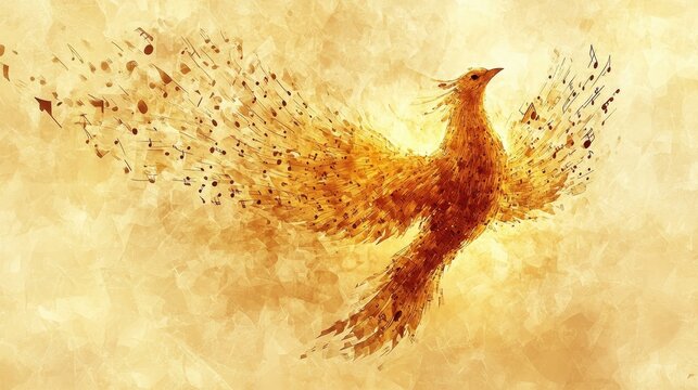 A phoenix bird spreads its wings with musical notes flowing freely