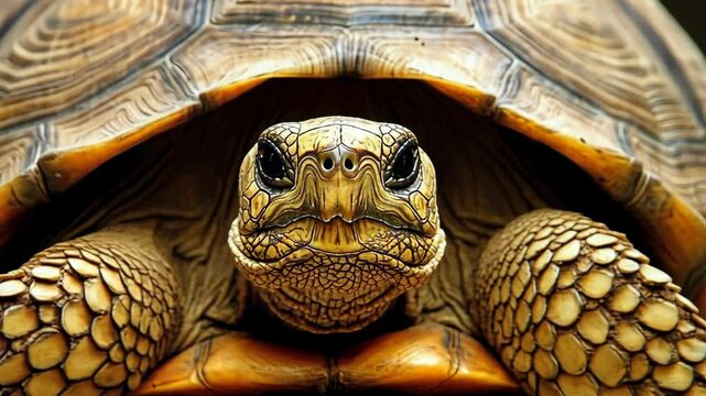 Close-up of a tortoise showcasing intricate shell patterns and facial features in a natural habitat during daylight