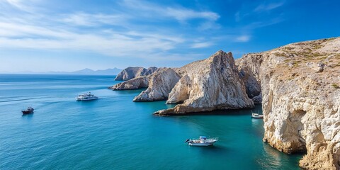 Boats near coastal cliffs, sunny day