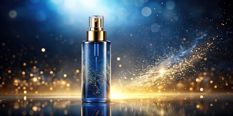 Aerial Photography Macro Body Mist Bottle, Glowing Particles, Deep Blue Gold Highlights