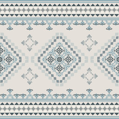 Grey and green damask geometric seamless pattern with ethnic motifs. Aztec style. Native American style. Navajo style. Idea for wallpaper, fabric edge, and rugs.