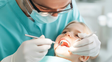 dentist examines child teeth with dental tools, ensuring oral health. child appears relaxed and happy during check up, showcasing positive dental experience