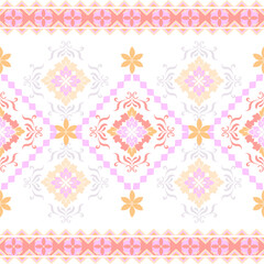 Pink and orange damask geometric seamless pattern with decorative ornament in ethnic style. Vector illustration. Wallpaper, fabric edges, rugs, and curtains.