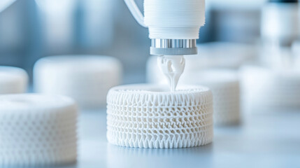 3D printing technology is showcased with printer creating intricate white structures. focus is on precision and detail of additive manufacturing process, highlighting innovation and design