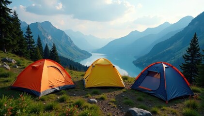 Three camping tents arranged in a triangle with backpacks , canvas, gear, camping trip