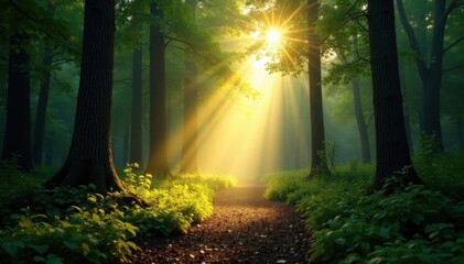 Obraz premium Sunbeams illuminate forest floor, creating glowing path, glow, orange, floor