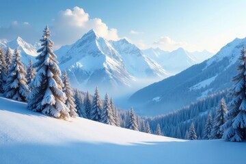 Fototapeta premium Snow-covered peaks, frosted trees, serene valley , mountain view, crystal