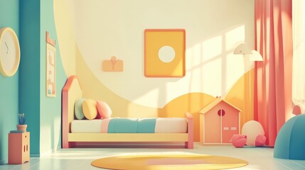 A colorful and bright childrens bedroom with minimalist furnishings and decor