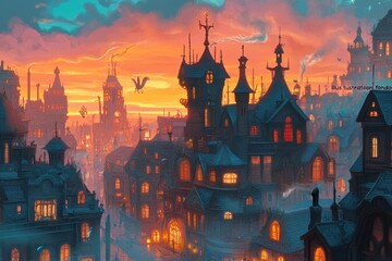 An artistic depiction of an urban cityscape at colorful sunset