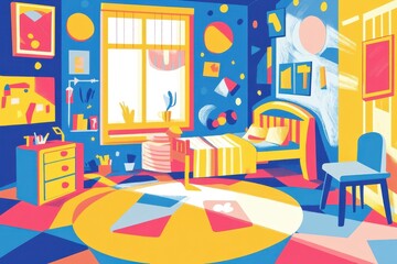 The colorful art filled bedroom features a bed and furniture pieces