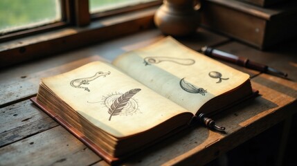An antique book rests open on a rustic wooden surface, showcasing hand-drawn illustrations of nature's elements, illuminated by a soft, sunlit window.