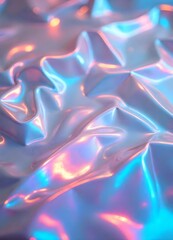 Close-up of iridescent abstract trendy neon holographic foil texture, reflecting a spectrum of colors under direct sunlight, shifting pattern. Abstract neon holographic foil texture