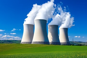 A nuclear power plant with large cooling towers releasing white steam into the air