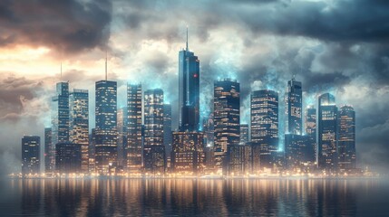 Obraz premium Green Energy sustainable concept. Advanced Skyline of Futuristic City Powered by Renewable Energy