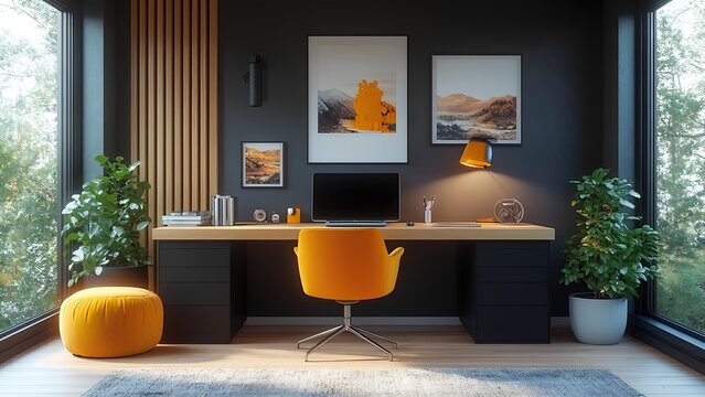 "A modern home office with a sleek, minimalist desk setup, high-tech gadgets, and ample natural light, creating a stylish and comfortable workspace that encourages focus and creativity."
