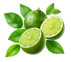 Fresh limes with a slice cut out and some green leaves are set against a background, while citrus limes are soaring through the air