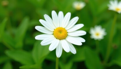 Single daisy bloom, pure white petals, lush green stem, precise clipping path , summer, meadow, background