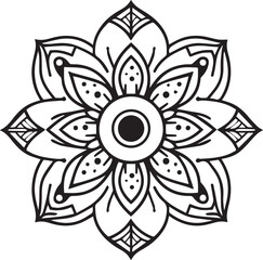 Intricate Black and White Mandala Line Art. Sacred Geometric Floral Pattern for Coloring, Tattoos, and Digital Art, mandala silhouette vector style with a white background