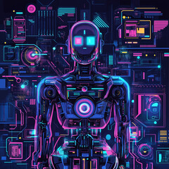 Futuristic spaceship with robot design and digital elements in a tech-inspired space theme