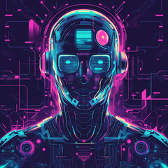 Futuristic spaceship with robot design and digital elements in a tech-inspired space theme