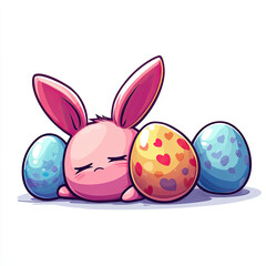 Fototapeta premium Cute chibi bunny resting beside colorful Easter eggs, feeling tired