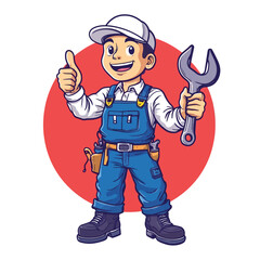 Cartoon mechanic mascot design holding a spanner vector illustration