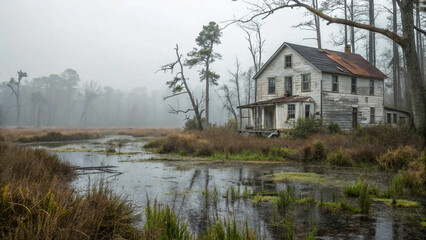 Fototapeta premium In this remote place, abandoned house and wild swamp stand in stark contrast, embodying juxtaposition of human history and untamed,bungalow, summer, country, park, old wilderness, while evoking a prof