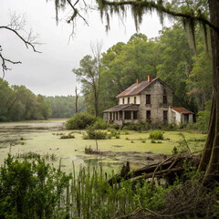 Obraz premium In this remote place, abandoned house and wild swamp stand in stark contrast, embodying juxtaposition of human history and untamed,bungalow, summer, country, park, old wilderness, while evoking a prof