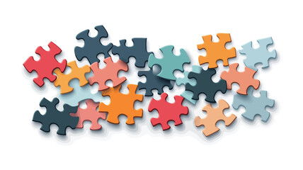 Naklejka premium Top-down view of numerous pastel-colored jigsaw puzzle pieces scattered on a white background. The pieces are various shades of orange, red, pink, blue, and dark blue. They are depicted in