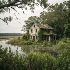 In this remote place, abandoned house and wild swamp stand in stark contrast, embodying juxtaposition of human history and untamed,bungalow, summer, country, park, old wilderness, while evoking a prof