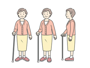 杖をつく高齢女性の全身イラストめ