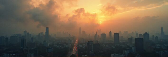 Fototapeta premium Fine particulate matter visibly contaminating the air in a panoramic urban landscape. Urban Particulate Air Pollution.