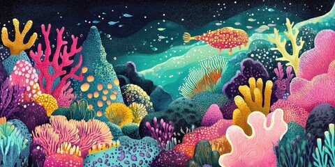 Colorful underwater scene depicting vibrant corals and swimming fish