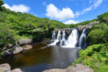 Obraz premium A rainforest waterfall surrounded by dense vegetation, cascading into a hidden pool