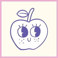 Adorable cartoon-style illustration of an apple with big expressive eyes, freckles, and a happy face, outlined in purple on a pastel background, Vector Illustration