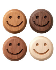 Diversity of Smiles, A Collection of Wooden Smiley Faces in Various Wood Tones, Isolated on Transparent Background Cutout