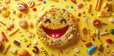 A smiley face formed from a variety of assorted food items