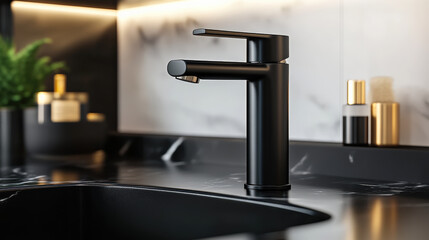 Sleek black faucet on marble countertop, showcasing modern design and elegance. Perfect for contemporary kitchens or bathrooms, adding touch of luxury
