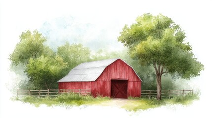 Fototapeta premium Picturesque red barn with white roof and rustic wooden fence in serene countryside