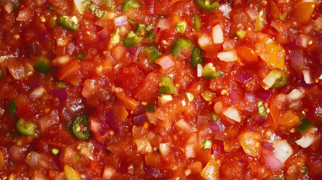 A chunky and colorful salsa sauce, macro shot, close-up texture, top view