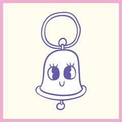 Minimalist cartoon illustration of a cute bell-shaped keychain with expressive eyes, outlined in purple with a pastel pink border, Vector Illustration