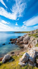 Coastal rocks, ocean view, sunny day, travel