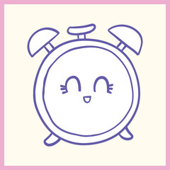 Minimalist cartoon illustration of a happy alarm clock with a smiling face, outlined in purple with a pastel pink border, Vector Illustration