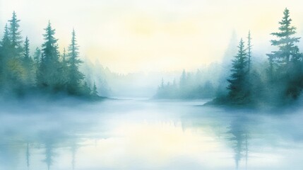 Fototapeta premium Tranquil lake painting, serene landscape with trees and reflective waters ideal nature artwork